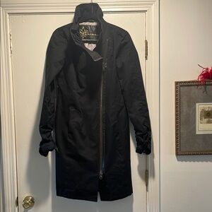 Mackage Black Leather Trim Ruched Zippered Sleeve High Collar Zip Down Jacket